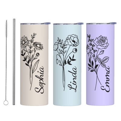Personalized Birth Flower Tumbler, Stainless Steel 20oz Birth Flower Travel Mug with Straw, Birthday/Mother's Day Gift for Family/Friends/Bridesmaids