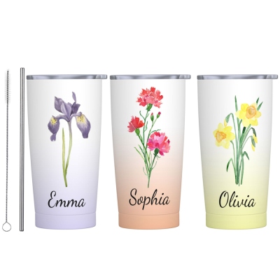 Personalized Watercolor Birth Flower Gradient Tumbler, Stainless Steel 20oz Birth Flower Travel Mug with Straw, Gift for Family/Friends/Bridesmaids