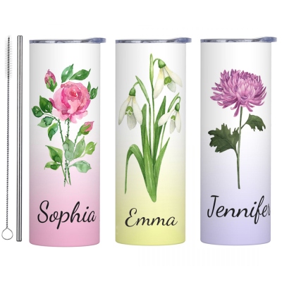 Custom Name Watercolor Birth Flower Gradient Tumbler, Stainless Steel 20oz Birth Flower Travel Mug with Straw, Gift for Family/Friends/Bridesmaids