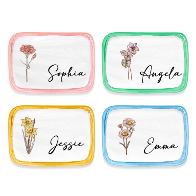 Personalized Birth Flower Transparent Makeup Bag, Custom Name Travel Cosmetic Bag with Zipper, Bachelorette Party Favor, Birthday/Wedding Gift for Her