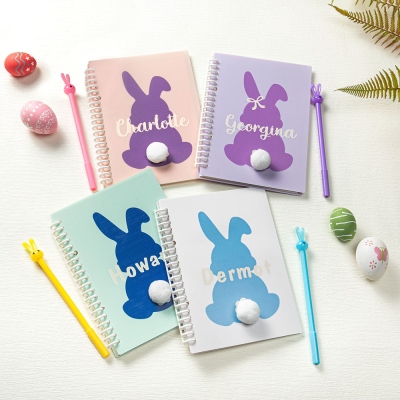 Gepersonaliseerde paashaas notitieboekje en pennenset, aangepaste naam schattig konijn notitieboekje voor school, paasmandvuller, paasfeest gunst voor studenten/kinderen