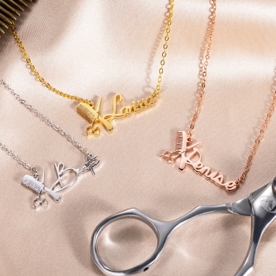Personalisierte minimalistische Friseur-Halskette mit Namen, zierliche kleine Scherenkamm-Anhänger-Halskette, professionelles Geschenk für Friseur/Friseur/Friseur