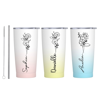 Personalized Birth Flower Gradient Tumbler with Name, 20oz Stainless Steel Travel Tumbler with Straw & Lid, Gifts for Bridesmaids/Best Friends/Sisters