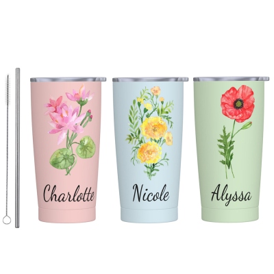 Personalized Birth Flower Watercolor Tumbler, 20oz Name Tumbler with Lid and Straw, Iced Coffee Travel Cup, Birthday/Mother's Gift for Friend/Mom/Her