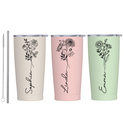 Personalized Birth Flower & Name Tumbler, 20oz Bouquet Travel Tumbler with Straw and Lid, Mother's Day/Birthday/Wedding Gift for Her/Women/Friends