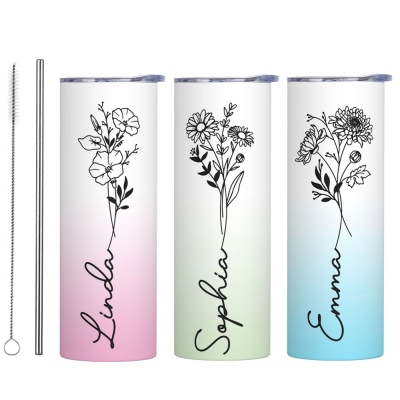 Personalized Birth Flower Name Gradient Skinny Tumbler, 20oz Floral Travel Tumbler with Straw & Lid, Stainless Steel Tumbler, Gift for Friend/Sister