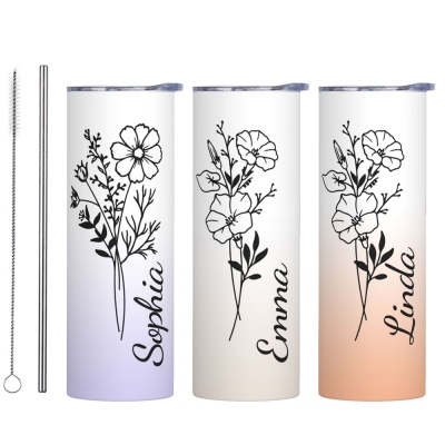 Personalized Birth Flower Name Gradient Tumbler, Custom Stainless Steel Tumbler, Tumbler with Straw & Lid, Birthday/Wedding/Mother's Day Gift for Her