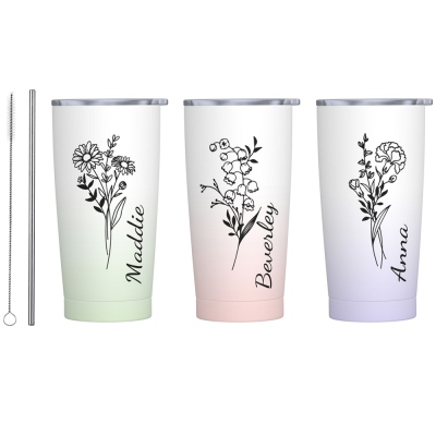 Personalisierter Kaffeebecher mit Geburtsblumen-Farbverlauf, 590 ml, Namensbecher mit Strohhalm und Deckel, Reisebecher, Geburtstagsgeschenk für Familie/Freund/Brautjungfer