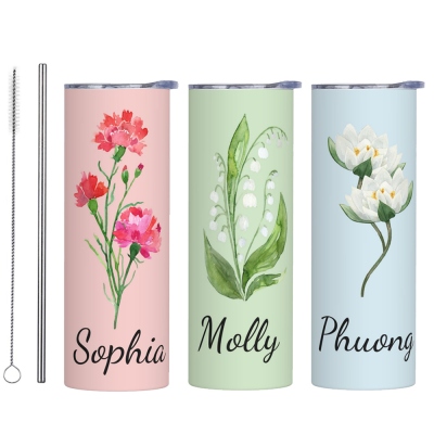 Custom Birth Flower & Name Watercolor Tumbler, Iced Coffee/Tea Portable Travel Cup with Straw and Lid, Birthday/Mother's Day Gift for Family/Friends