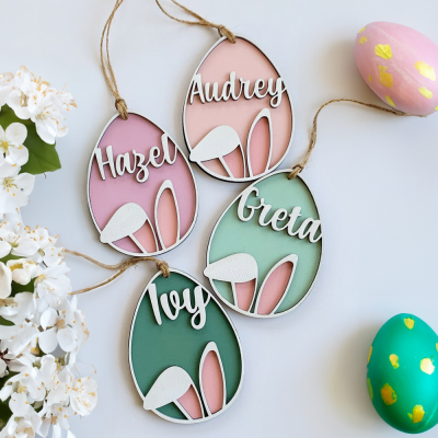 Étiquette personnalisée de panier d'oeufs d'oreilles de lapin de Pâques, étiquette de nom en bois personnalisée avec plusieurs couleurs, décoration de fête de Pâques, cadeau de Pâques pour les enfants/famille
