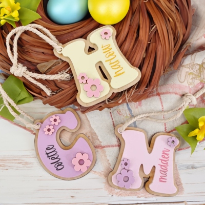 Étiquette initiale Boho personnalisée avec fleur, étiquette de panier de Pâques avec nom personnalisé, faveur de décoration de fête de Pâques, cadeaux de Pâques pour enfants/famille/amis