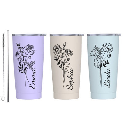 Personalized Name Birth Flower Tumbler with Multiple Colors, 20oz Stainless Steel Tumbler Cup with Straw & Lid, Birthday/Wedding/Mother's Day for Her