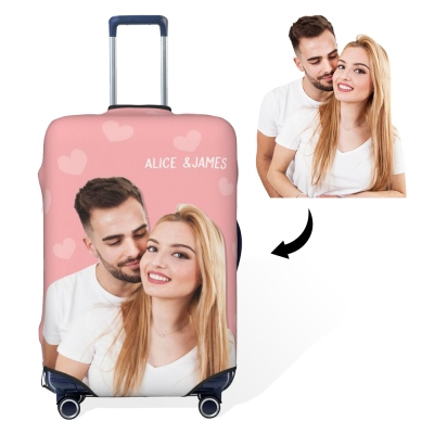 Housse de bagage de voyage avec photo personnalisée avec nom, protection de valise personnalisée pour bagages de 18 à 28 pouces, cadeau pour couples/famille/voyageur