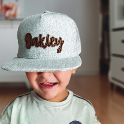 Custom Leather Patch Trucker Hat, Personalized Child Cap, Trucker Mesh Back Hat with Adjustable Snapback, Gift for Infant/Toddler/Junior/Adult