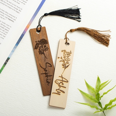Custom Name Birth Flower Bookmark with Tassel, Wooden Floral Engraved Bookmark, Wedding Favor, Birthday/Mother's Day/Christmas Gift for Book Lover/Her