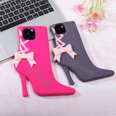 Custom 3D High Hill Shoe Bow Phone Case, Funny Phone Case for iPhone 11/12/13/14/15 Models, Birthday/Bridesmaid Gift for Women/Family/Friends