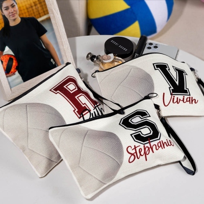 Sac de maquillage de volley-ball personnalisé avec nom, sac de toilette portable personnalisé avec dragonne, cadeau pour joueur de volley-ball/équipe/amateur de sport