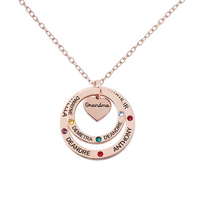 Birthstone Halsband med Hjärta & Ringhänge, Halsband med Custom 1-7 Birthstones & Namn, Smycken för mormor/mamma