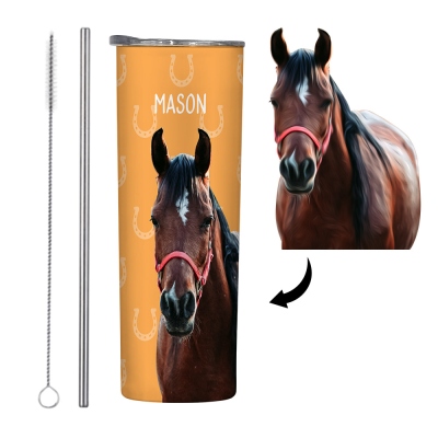 Gobelet de cheval personnalisé avec nom et photo, tasse de voyage en acier inoxydable de 20 oz avec paille, cadeau pour cavalier/amateur de chevaux/amateur d'équitation