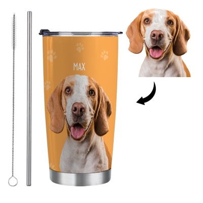 Personalisierter Haustierportrait-Becher mit Namen, 590 ml Edelstahl-Reisebecher für Hunde und Katzen mit Strohhalm, individueller Fotobecher für 1–3 Haustiere, Geschenk für Haustierliebhaber/Tierhalter