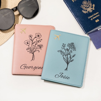 Porte-passeport personnalisé avec bouquet de fleurs de naissance, étiquette de bagage et couverture de passeport en cuir personnalisées, cadeau de voyage, cadeau Bff, cadeau d'anniversaire pour femmes/filles