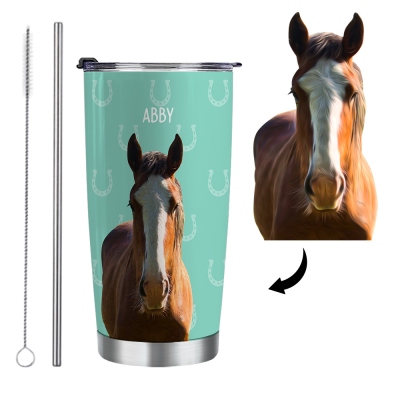 Personligt namn och foto Hästglas, 20 oz hästresemugg i rostfritt stål med halm, present till ryttare/hästälskare/ryttarentusiast