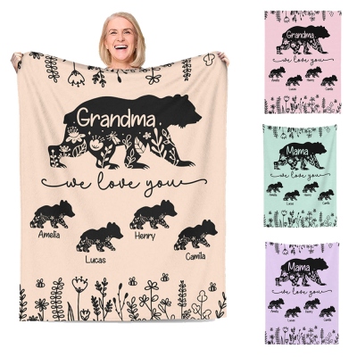 Personalized Mama Bear Flannel Fleece Blanket with Kids' Names, Soft Cozy Throw for Bed Couch, Birthday/Christmas/Mother's Day Gift for Mom/Grandma