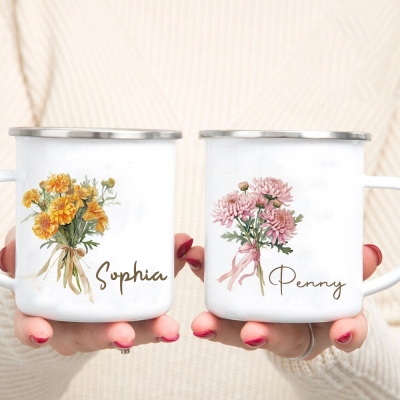 Personalized Name Watercolor Birth Month Flower Mug, 11oz Enamel Mug, Wedding Favor, Birthday/Bridesmaid/Mother's Day Gift for Her/Family/Friend