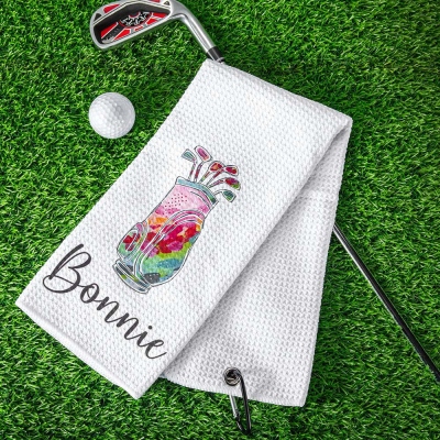 Personalisiertes Waffelgewebe-Golfwagenhandtuch, individuelles Namenshandtuch mit Hängeclip, Damen-Golfhandtuch, Geschenk für Golferin/Golfliebhaberin