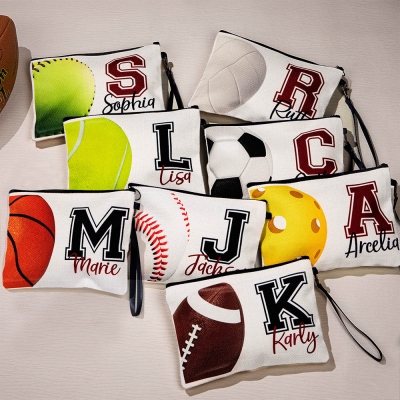 Personalisierte Sport-Make-up-Tasche mit Namen und Initialen, Volleyball-/Tennis-/Fußballtasche, tragbare Kulturtasche mit Handschlaufe, Geschenk für Team/Trainer/Sportliebhaber