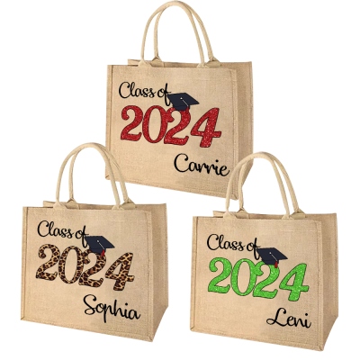 Personalized Class of 2024 Graduation Tote Bag, Custom Name Jute Bag with Handle, Travel Beach Tote Bag, Graduation Party Favor for Students/Friends