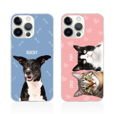 Personalized Pet Photo & Name Hand Drawn Phone Case, Custom Dog/Cat Face Phone Case with Paw Print, Souvenir Gift for Pet Lover/Cat Lover/Dog Mom
