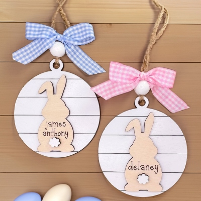 Étiquette personnalisée de nom de panier de lapin de Pâques, ornement de Pâques en bois personnalisé avec arc, décoration d’arbre de Pâques, cadeau de Pâques pour les enfants/famille