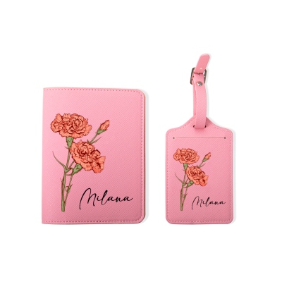 Personalized Colorful Birth Flower Passport Holder & Luggage Tag, Custom Name Leather Passport Cover, Travel Accessory, Gift for Mom/Friend/Her