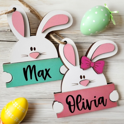 Étiquette personnalisée de nom de lapin de Pâques avec plusieurs couleurs, étiquette de panier de Pâques en bois personnalisée, étiquette cadeau de printemps, faveur de fête de Pâques pour les enfants/famille