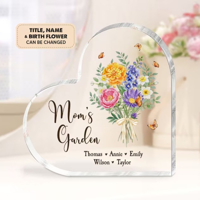 Personalized Mom's Garden Heart Acrylic Plaque, Birth Month Flower Mother Day Gift, Custom Birth Flower with Kids Names, Grandma Garden Gift