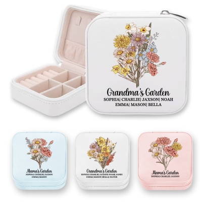 Personalized Vintage Birth Flower Jewelry Box, Custom Name Leather Travel Jewelry Case, Birthday/Mother's Day/Anniversary Gift for Mom/Grandmom/Her