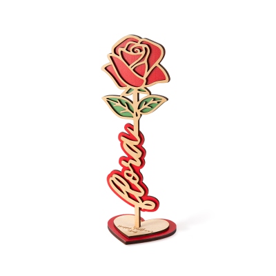 Rose en bois avec nom personnalisé avec support en forme de cœur, cœur de rose 3D gravé sur mesure, décoration de table fleurie, cadeau de Saint-Valentin/fête des mères pour maman/femme/elle