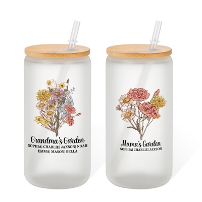 Personalized Watercolor Birth Flower Glass Cup, Custom Name Frosted Glass Tumbler with Bamboo Lid and Straw, Birthday/Anniversary Gift for Family/Her