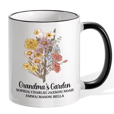Tasse personnalisée en céramique de jardin de grand-mère, tasse de bouquet de fleurs de naissance colorée personnalisée, cadeaux de fête des mères/anniversaire pour maman/grand-mère/famille