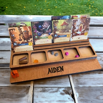 Personalized Name Board Game Card Holder, Wooden Tray Gaming Resource Organizer, Gaming Accessory, Family Games Night Gift, Gift for Gamers/Friends