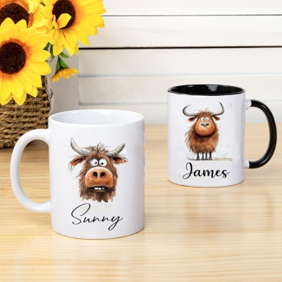 Nom personnalisé Highland Cow Clipart Mug, tasse de chocolat chaud pour enfant, tasse en céramique de 11 oz, cadeau d'anniversaire/pendaison de crémaillère pour amoureux des vaches/amoureux des animaux de compagnie/famille