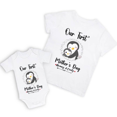 Vårt första mors dag mamma- och bebisset/matchande skjorta, mamma- och bebispresent, mamma bebispingviner, t-shirt Bodysuit Romper Babygrow-västset, ny mammapresent, morsdagspresent