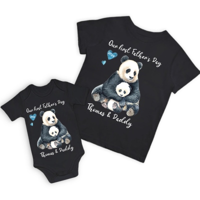 Personliga Panda föräldra- och barnskjortor, vår första fars dagskjorta, pandaskjorta, matchande skjortor för far och bebis i bomull, farsdagspresent till pappa