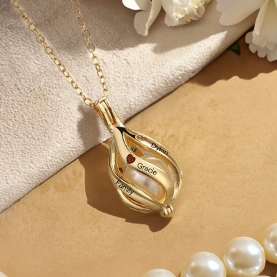 Nome personalizzato e collana di perle portafortuna, ciondolo a gabbia con perla, gioielli portafortuna di famiglia, regalo per la festa della mamma/compleanno per mamma/nonna/lei