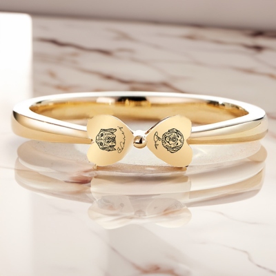 Anello Bowknot con ritratto di animale domestico personalizzato con nome, anello in argento sterling con pendente a doppio cuore, gioielli commemorativi per animali domestici, regalo per amante degli animali/mamma del cane/donne