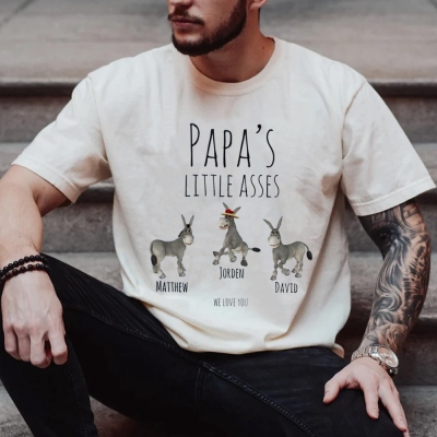 Personalized Papa's Little Asses Donkeys Shirt, Custom Kids Name Dad Funny Cotton T-shirt, Birthday/Christmas/Father's Day Gift for Dad/Grandpa