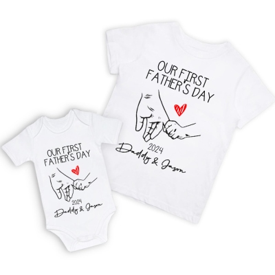 Personalizzato Holding Hands Nome Camicia genitore-figlio, La nostra prima camicia per la festa del papà, Cotton Father&Baby Body, Regalo di compleanno/padre per papà/nonno