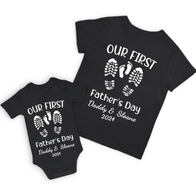 Personligt namn Footprint förälder-barn-skjortor, far Son matchande skjortor, bomullströja och bodysuit, fars dagspresent, present till pappa/nyfödd/bebis