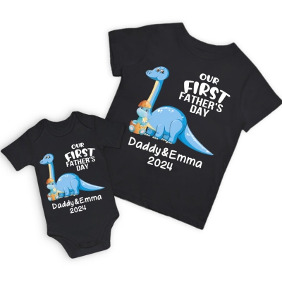 Personalisierte Brachiosaurus-Namen-Eltern-Kind-T-Shirts, unser erstes Vatertagsshirt, passende Baumwoll-Vater- und Baby-Shirts, Geschenk für Papa/Opa